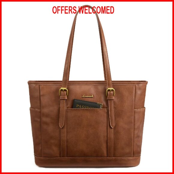 Vintage Leather Tote Bag with iPad Compartment Multiple Pockets - Picture 1 of 7